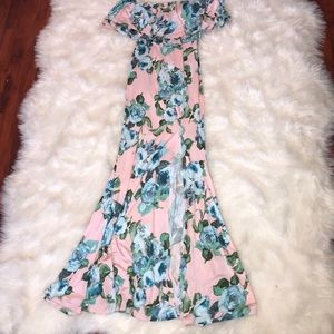 Long pink & blue floral dress